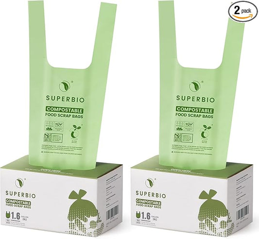 SUPERBIO 1.6 Gallon Handle Tie Compostable Food Scrap Bags, Small Compost Bags