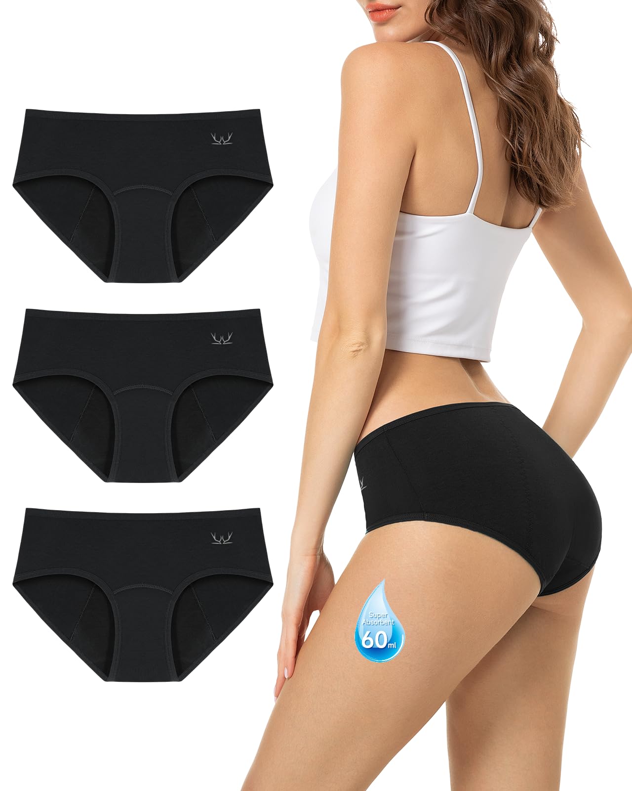 TANSTC Period Pants Heavy Flow 60ML Absorbency Period Underwear for Women Extra Protection Soft Breathable Leakproof Washable Menstrual Knickers Postpartum Underwear Pack of 3,Black,M