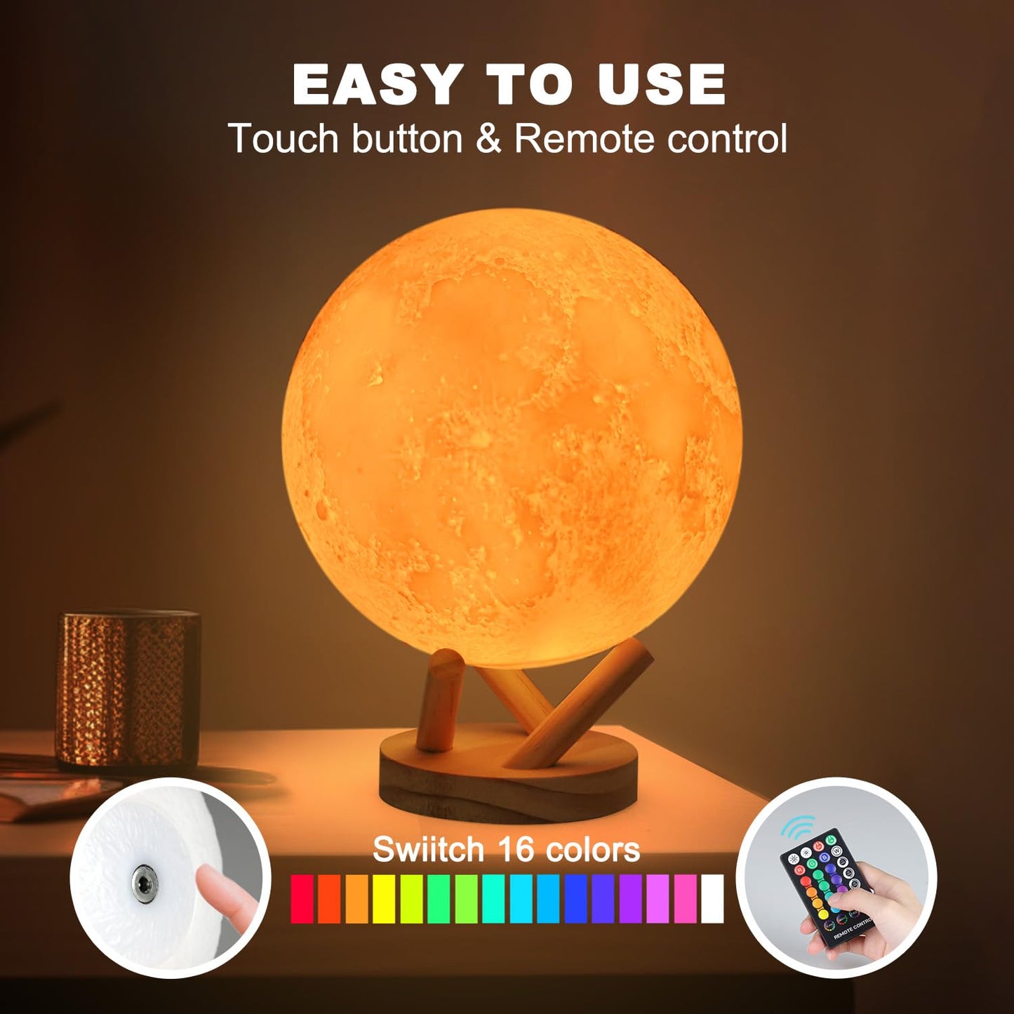 GROPINFLY Moon Lamp, Sliding Control Moon Night Light, Kids Night Light, 16 Colors Moon Light with Unique Stand, Remote&Sliding Control, Timing, USB Rechargeable, Gift for Kid Friend Lover, 6 in