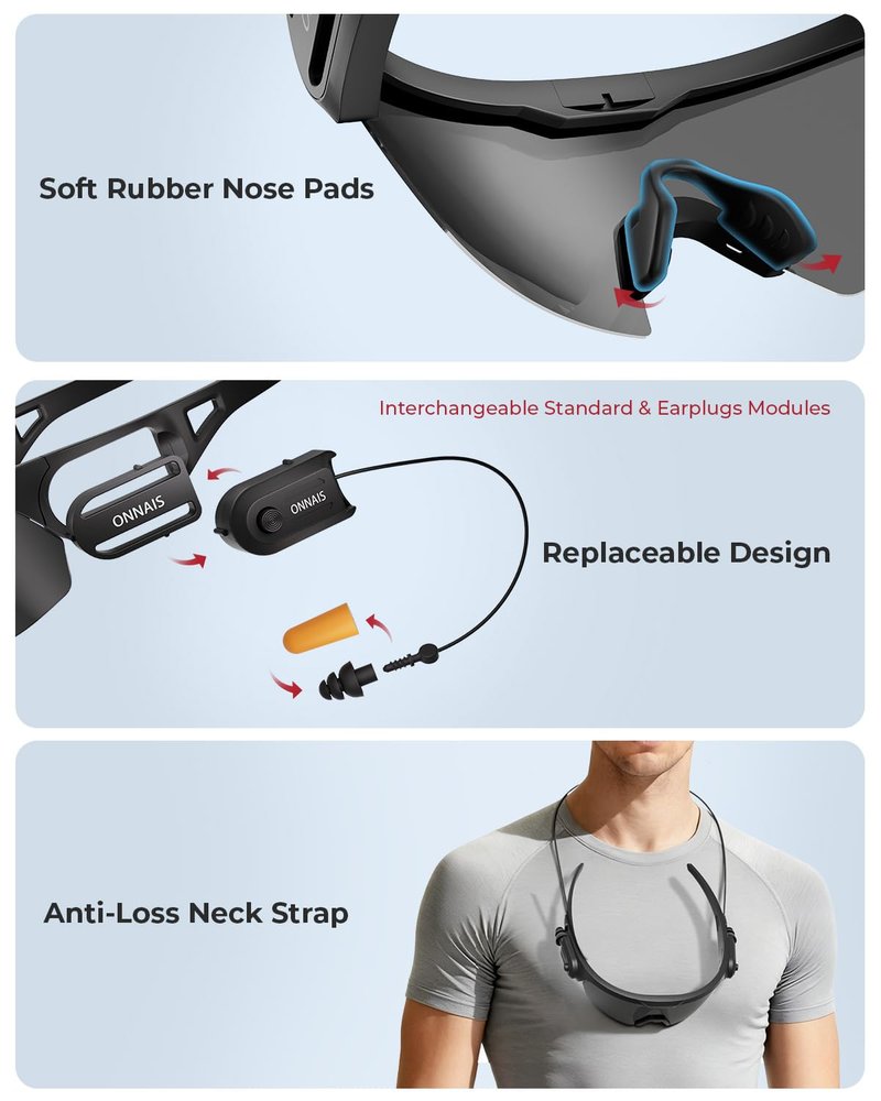 ONNAIS Shooting Glasses with Earplugs - ANSI Z87.1+ Safety Glasses with Detachable NRR 32dB Earplugs, Anti-Fog Eye Protection for Gun Range, Industrial Work, Cycling, Gifts for Men Women, Black
