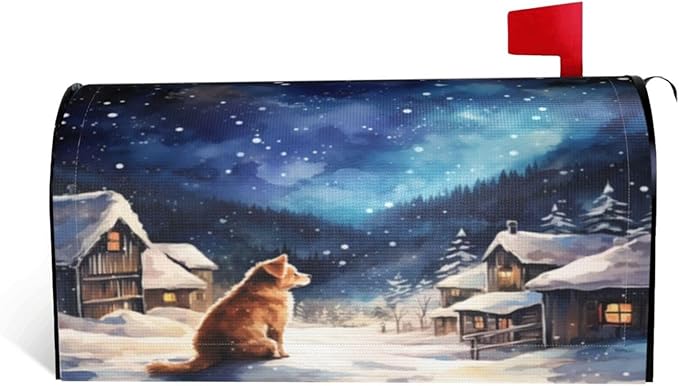 DADABULIU Mailbox Covers Winter Dog Christmas Snow Winter Dog Christmas Snow Magnetic Letter Post Box Cover Standard Size 25.5 x 21 Inch Garden Yard Home Decorative