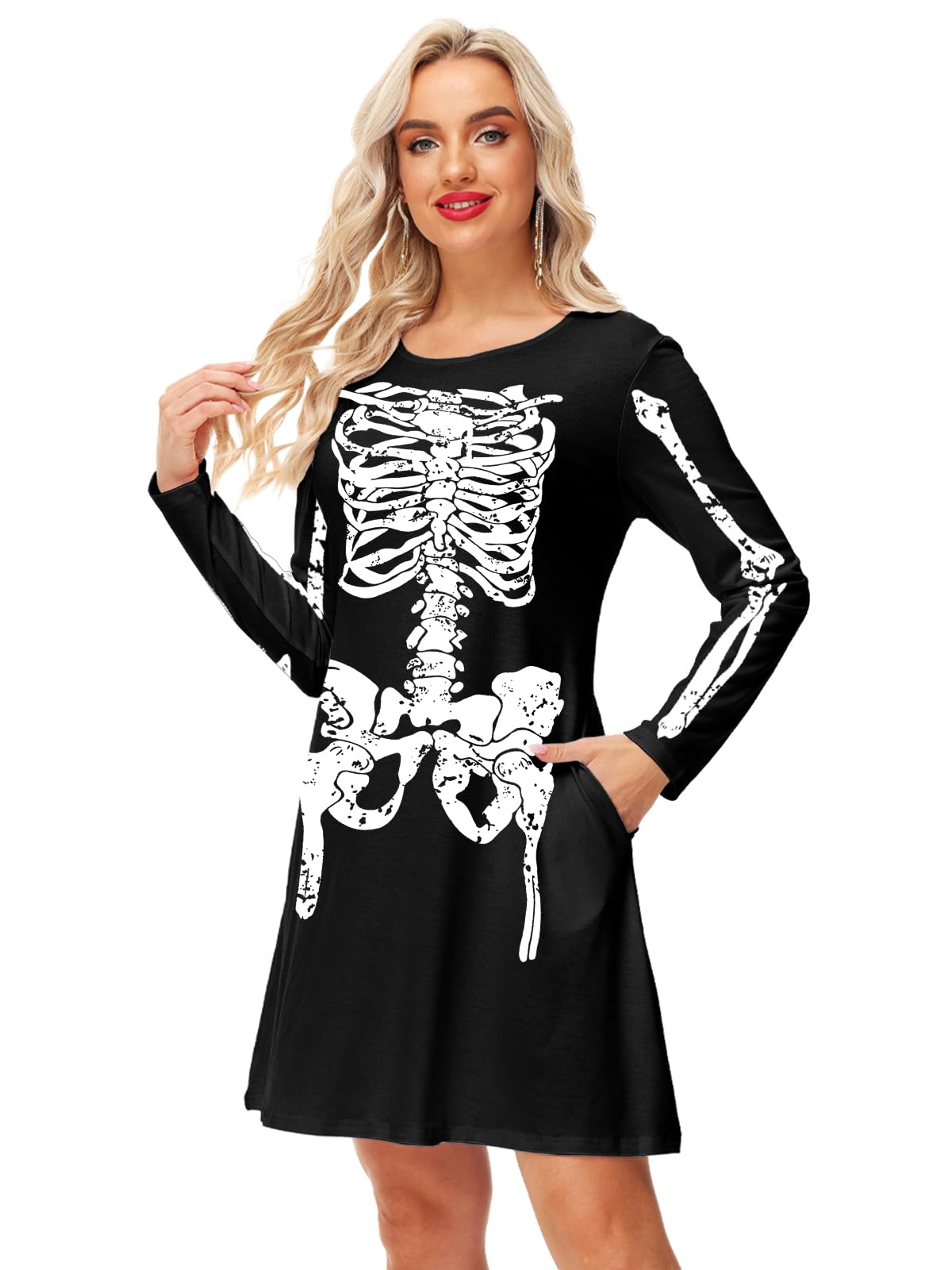 Skeleton Dresses for Women Flare Holiday A-Line Long Sleeve Halloween Costume Dress XL