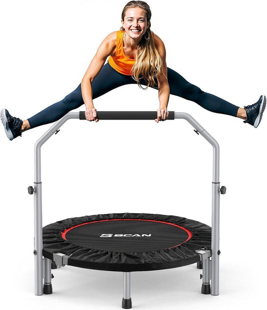 BCAN Foldable Mini Trampoline - Fitness Rebounder for Adults, Max Load 440lbs | Adjustable Foam Handle, Indoor/Garden Use