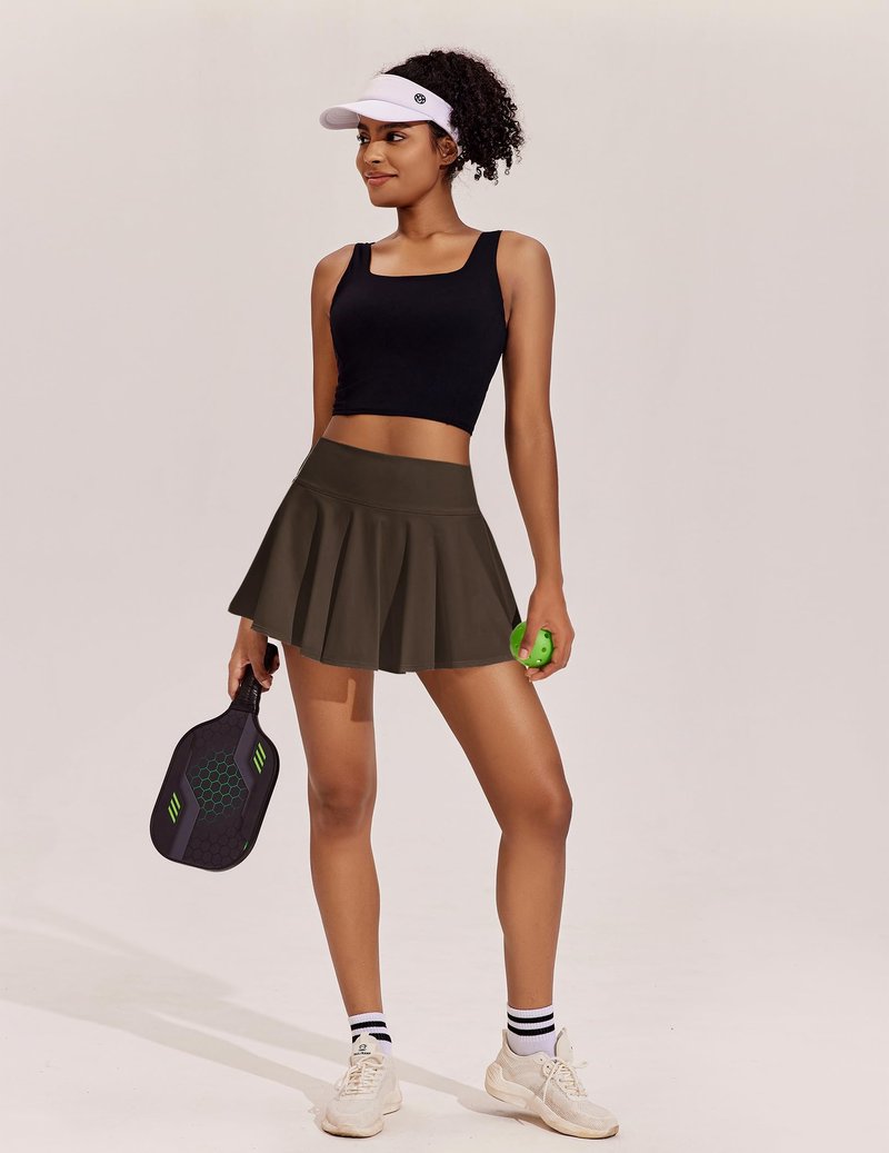 PINSPARK Tennis Skorts for Woman High Waisted Athletic Skirt with Shorts Underneath Pleated Pickleball Skirts, Espresso Brown XL