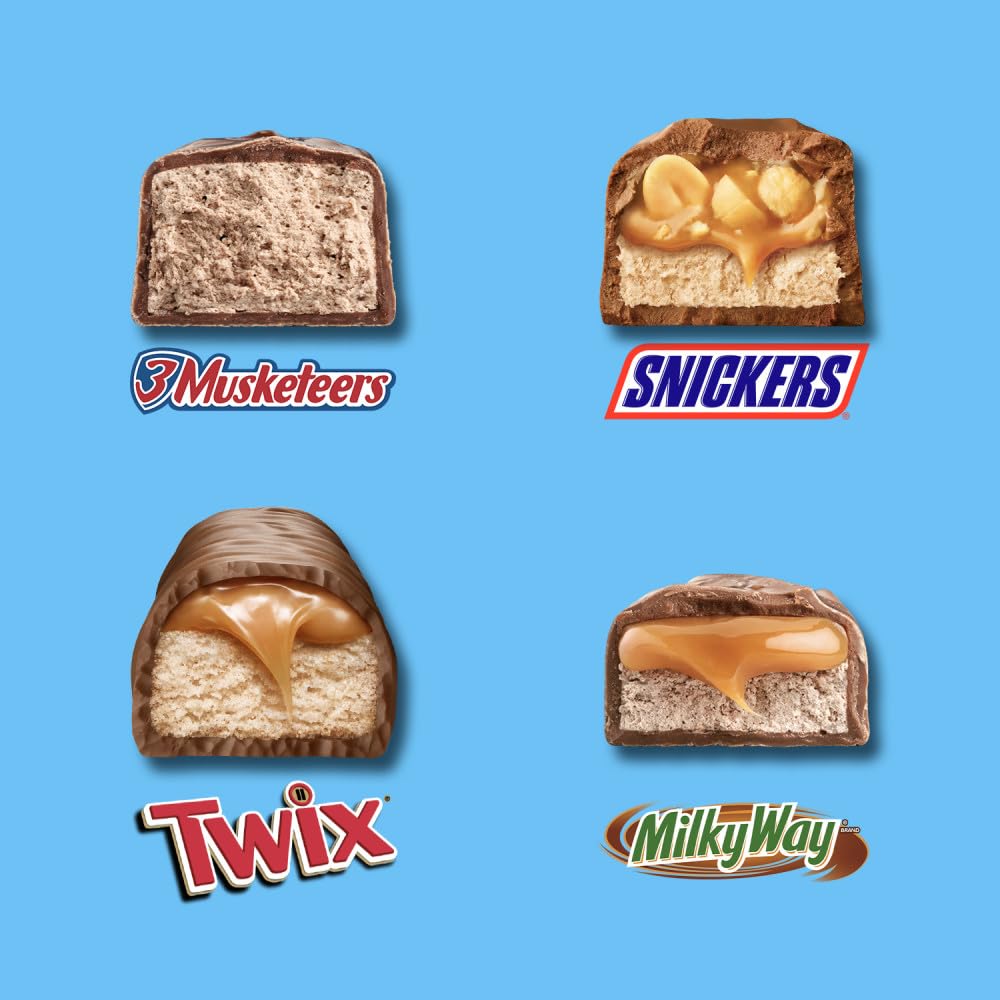 SNICKERS, TWIX, MILKY WAY & 3 MUSKETEERS Minis Individually Wrapped Halloween Candy Trick or Treat Chocolate Bars, Party Size, 19.49 Oz Bulk Bag