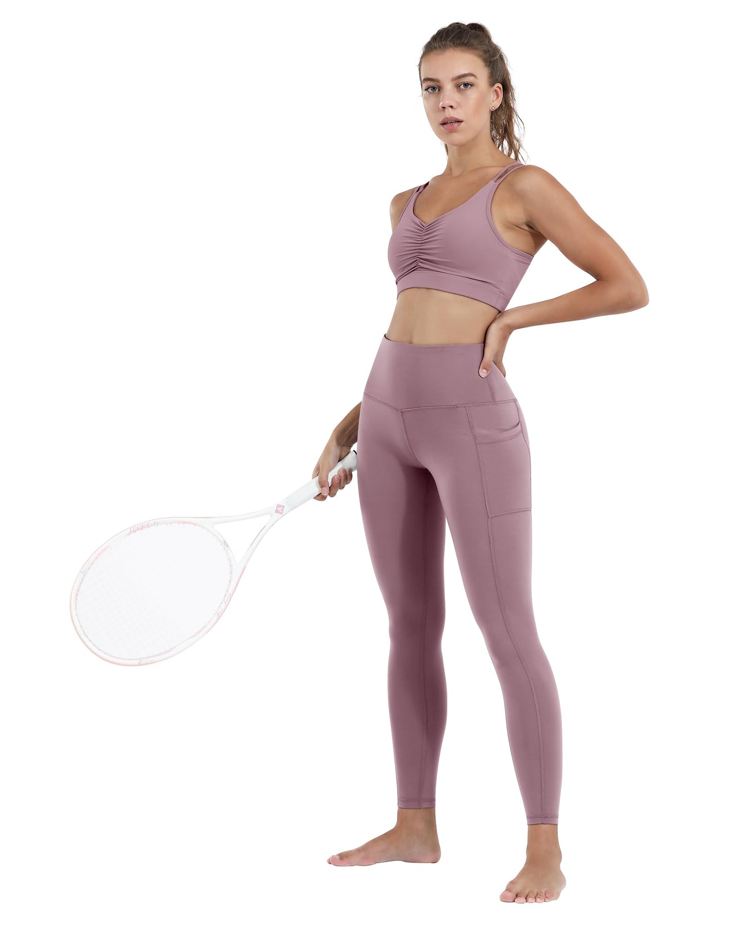 CHRLEISURE Leggings with Pockets for Women, High Waisted Tummy Control Workout Yoga Pants(5 Packs Black,Gray,Pink,Blue,Green, L)