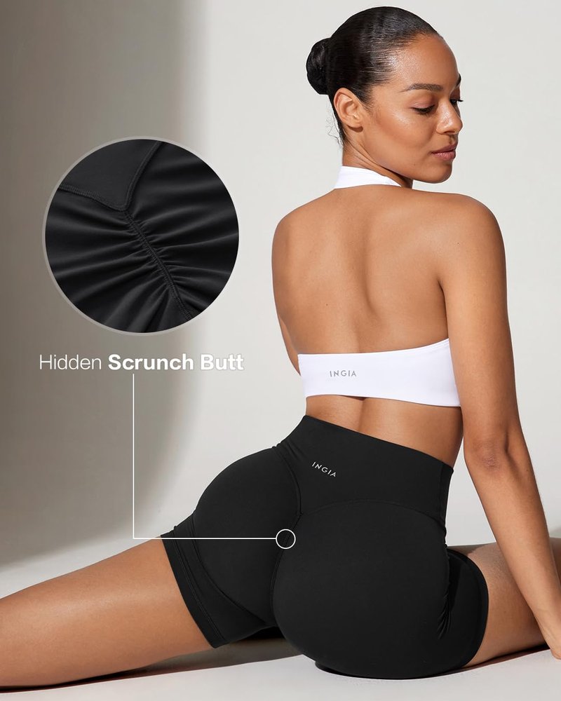 INGIA Womens High Waist No Front Seam Scrunch Butt Biker Shorts 5 Inches V-Back Scrunch Booty Gym Workouts Black Small