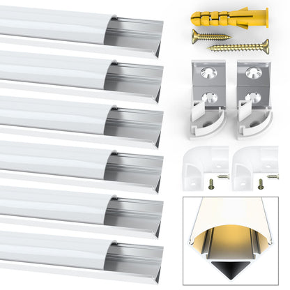 Jirvyuk Led Aluminum Profile, 6 Pack 1m/3.3ft V Shape LED Channel, Led Diffuser, Aluminum Extrusion for LED Strip Lights with Cover, End Caps and Metal Mounting Clips (Milky White)