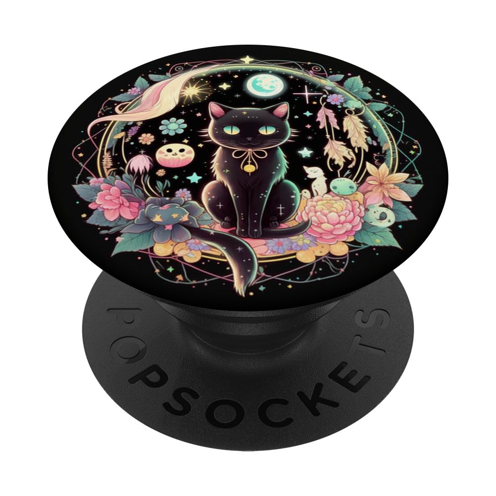 Moon Phases Crystal Witchy Cute Black Cat Kawaii Pastel Goth PopSockets Adhesive PopGrip