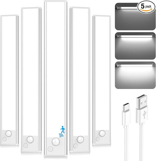Under Cabinet Lighting, 2200mAh 10 Inch Battery Operated Rechargeable Motion Sensor Night Lights Indoor, LED Magnetic Wireless Closet Light, 6500K Dimmable Counter Lights for Kitchen, Home, 5 Packs