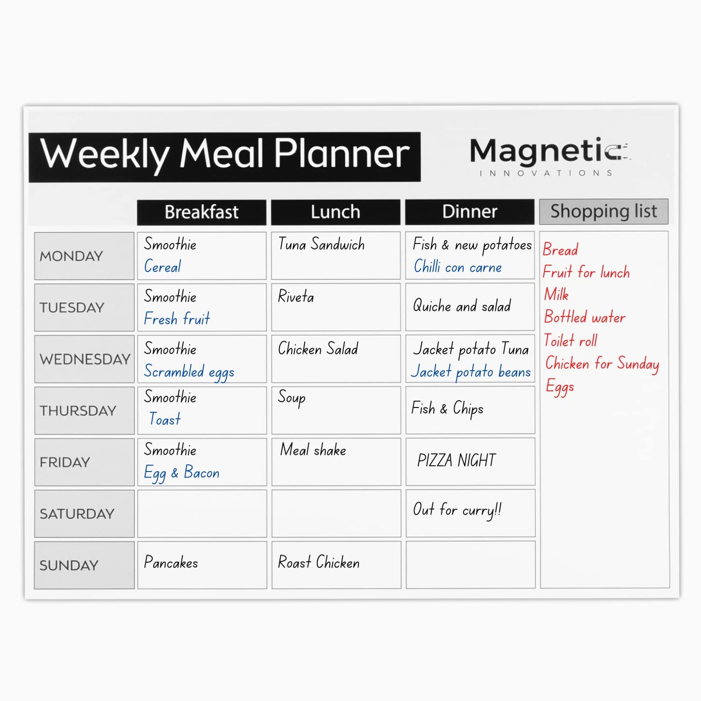 Magnetic Innovations Large A3 Fridge Meal Planner Board, Ideal as a Weekly Family Diet Planner, Food Shopping List, Menu Board, Includes 3 Dry Wipe Markers