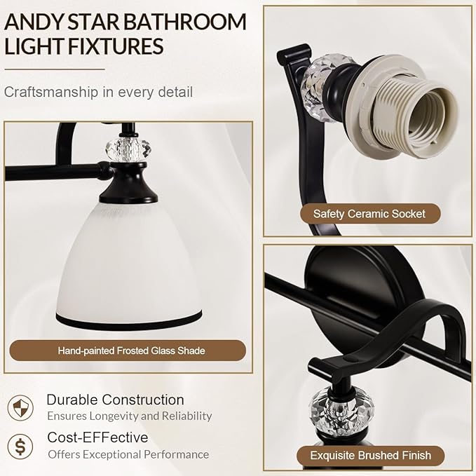 ANDY STAR Bathroom Lighting Fixtures Over Mirror, 2-Light Matte Black Vanity Light with Frosted Glass, Anti-Rust Metal Framed Bathroom Wall Lamp Sconces for Mirror Bedroom, Living Room Hallway