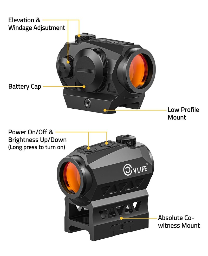CVLIFE JackalHowl Red Dot Sight,1x20mm 2MOA Red dot Motion Awake Red Dot Scope Compact Red Dot Optics with Co-Witness Riser and Low-Profile Mount,10 Brightness Button Settings