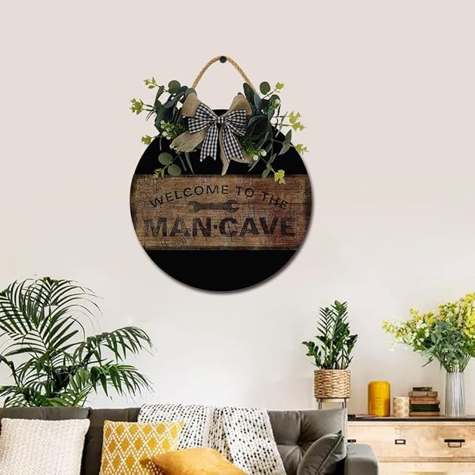 Welcome To The Mancave Front Door Sign Funny Wreaths Hanging Wooden Plaque Decoration Round Rustic Wood Farmhouse Porch Decor for Home Front Door Decor, 12 x 12 Inch