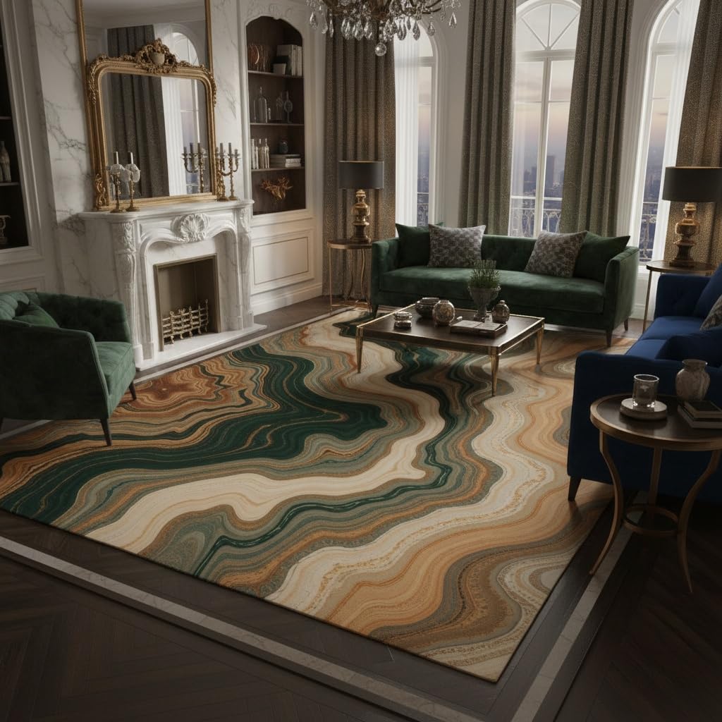 Retro Abstract Striped Marble Emerald Green Beige Brown Area Rug 8x10 Thin Non Shedding Unique Aesthetic Rugs for Bedroom Diningroom Farmhouse Guestroom Office Easy Clean Earth Tone Carpets