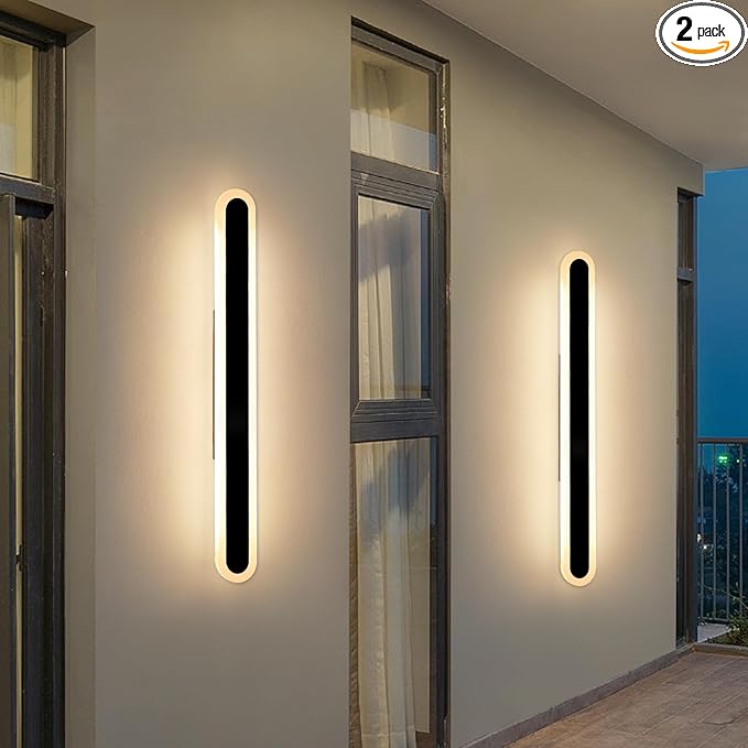 2 Pack 39.3inch Long Outdoor Led Wall Lights, IP65 Waterproof Black Outside Porch Sconces, 3 CCT 3000K/4500K/6000K, 36W, Oval Modern Exterior Wall Lighting for Garage, Patio, House, Garden