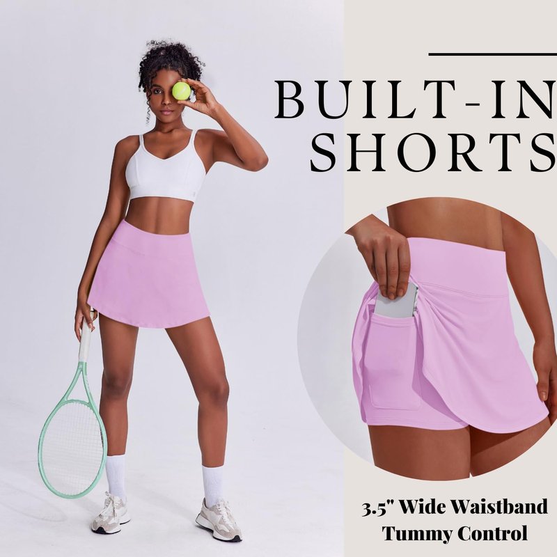 PINSPARK Tennis Skirts for Women UPF 50+ Golf Skirt Lightweight Athletic Skort with Pockets Flowy Pickleball Skorts, Light Pink Medium