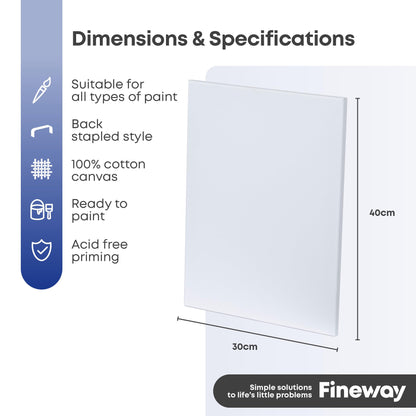 Fineway® Pack of 4 Artist Blank White Stretched Canvas Size 30cm X 40cm (12" X 16") - Ideal for Painting and Decorating. (Pack of 4)