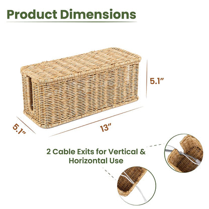 Cable Management Box, Handmade Rattan Cable Organizer, 2 Open Slots Cords Hider Box, Under Desk Cord Organizer for Computer Router USB Hub & Power Strip, Patent Pending, 13" x 5.1" x 5.1", Natural