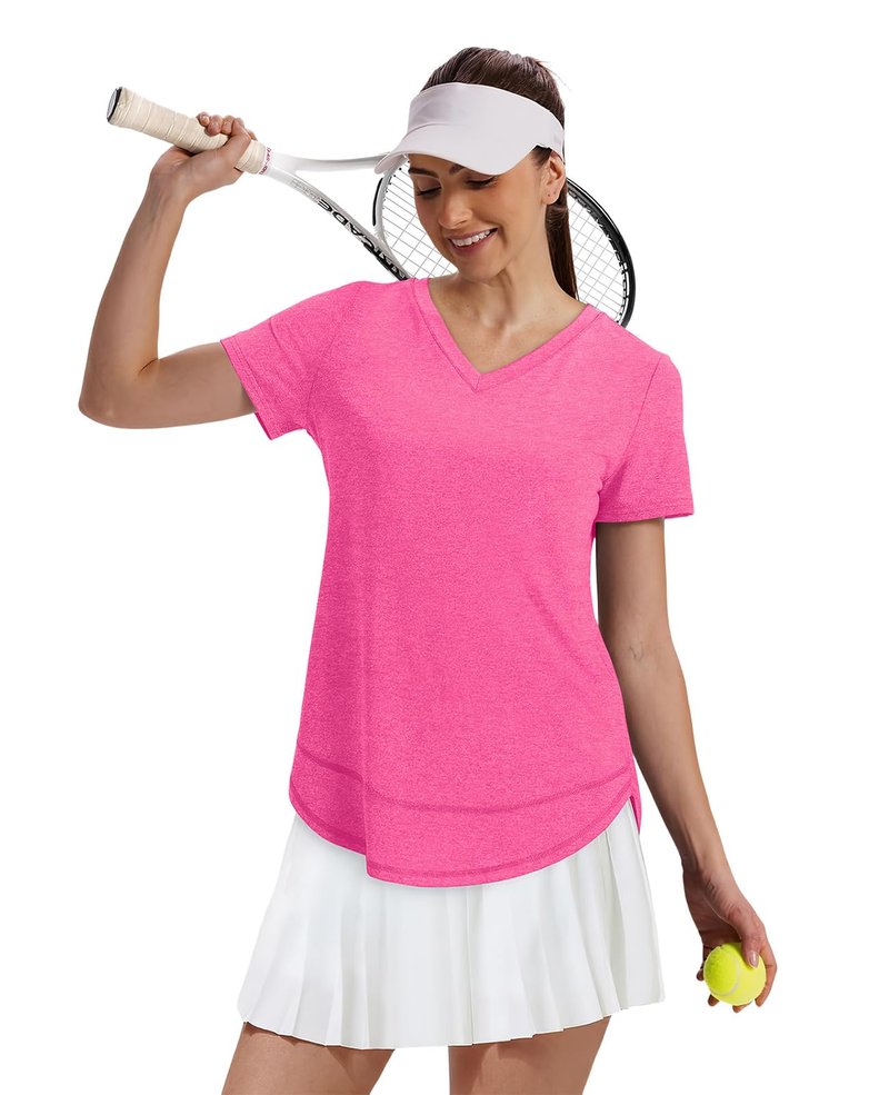 Oversized Tshirts for Women Dry Fit Plus Size Spring Clothes Summer Athletic Tops Workout Shirts V Neck Hot Pink 3XL