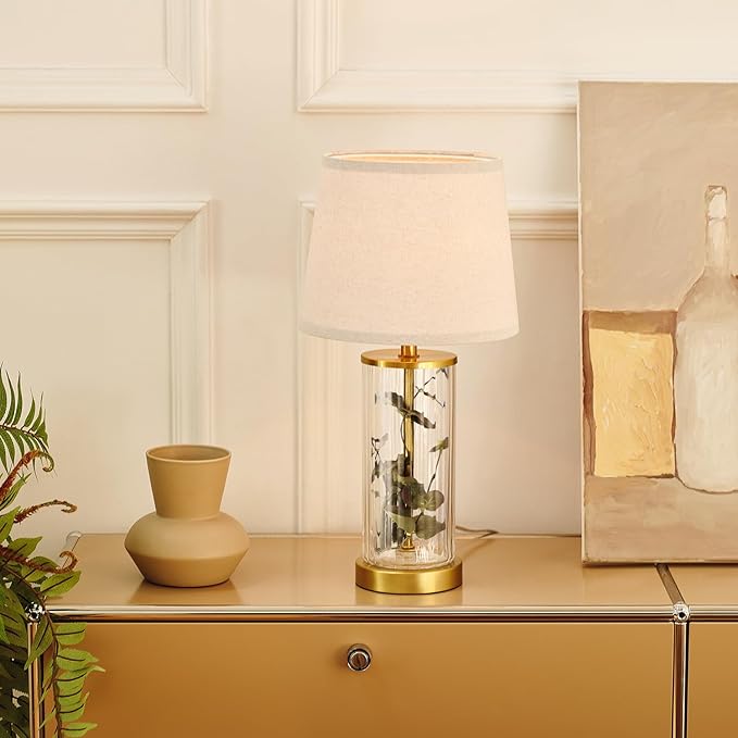 GLOBE Electric 61000063 20" Fillable Ribbed Glass Table Lamp, Matte Brass Accents, Beige Linen Shade, On/Off Rotary Switch on Socket, for Living Room, Bedroom, Office, Home Décor