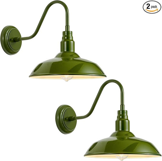2 Pack Outdoor Gooseneck Barn Light with 14 Inch Dome, Farmhouse Exterior Wall Lights for Porch, Olive Green Patio Wall Lighting for House, Garage