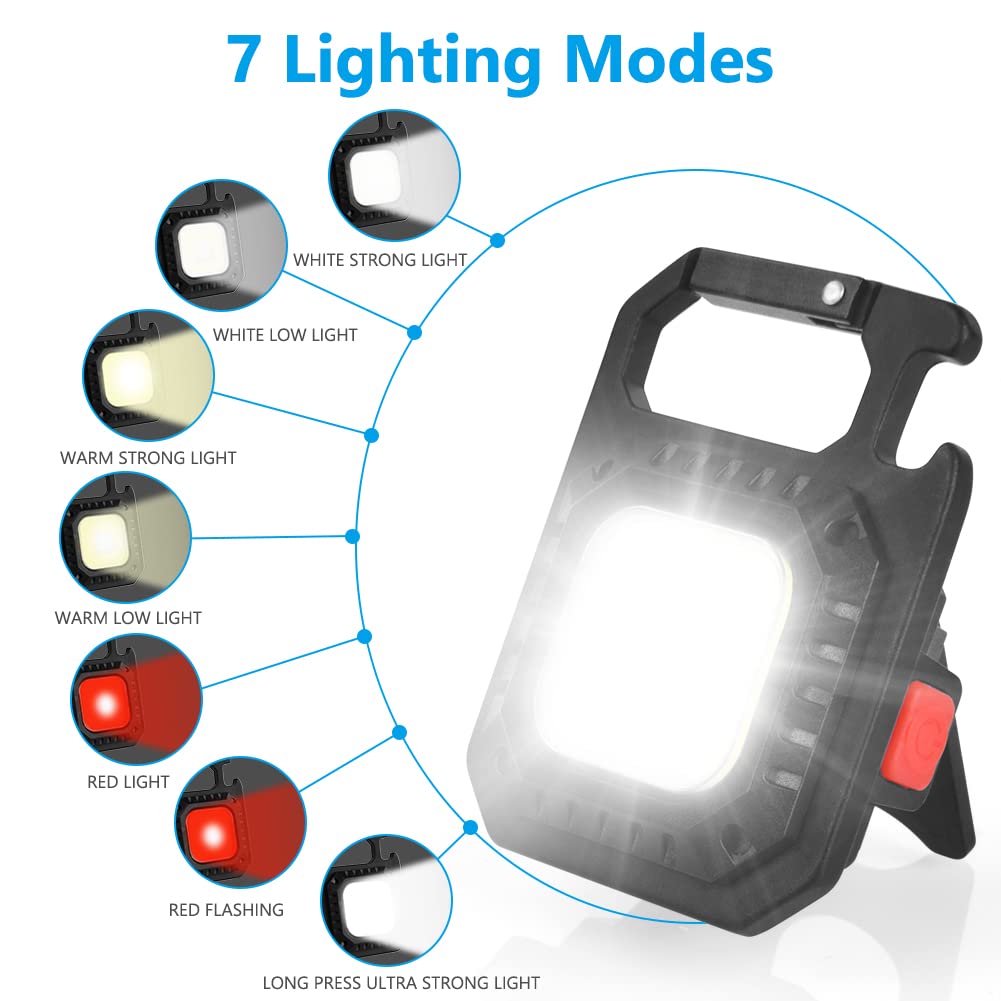 URAQT Mini LED COB Flashlight, 1000 Lumens 500mAh 7 Light Modes Tiny Handheld Keychain Torch, Multifunctional Emergency Keyring Flashlight Rechargeable Work Lights with Folding Bracket Bottle Opener
