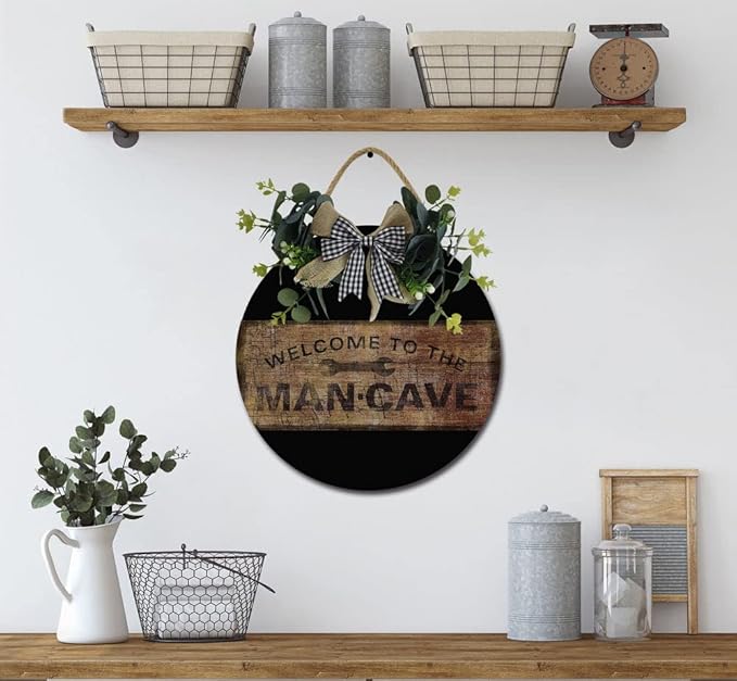Welcome To The Mancave Front Door Sign Funny Wreaths Hanging Wooden Plaque Decoration Round Rustic Wood Farmhouse Porch Decor for Home Front Door Decor, 11 x 11 Inch