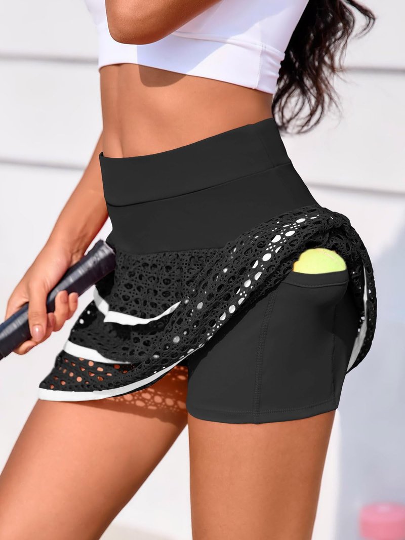 Fisoew Womens Tennis Golf Skirts Built in Shorts High Waisted Tiered Athletic Workout Crochet Mini Skorts with Pockets White