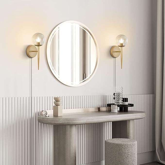 BOKT Vintage Brushed Gold Plug in Cord Wall Sconce Set of Two Mid Century Modern Globe Wall Sconce Lighting Plug in Set of 2 Vanity Bathroom Bedroom Bar Wall Lamp Plug in (Amber)