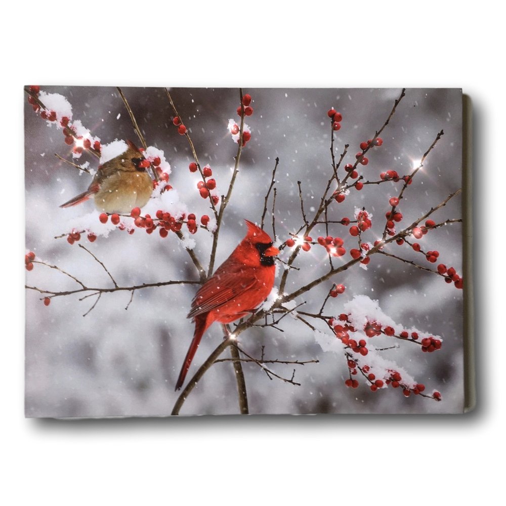 BANBERRY DESIGNS Lighted Cardinals in the Snow Canvas Print - LED Picture with Cardinal Couple and Holiday Berries - Measures 11.75" X 15.75"