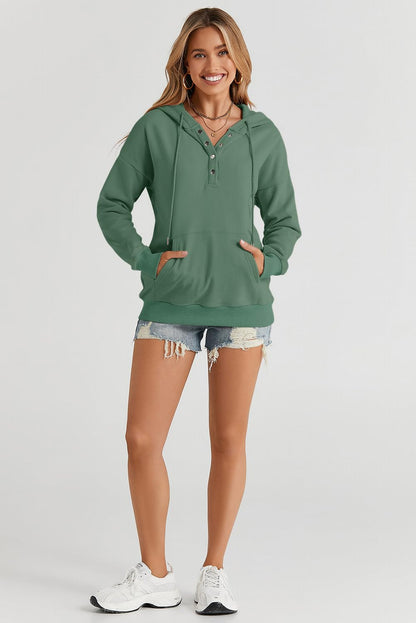 Dokotoo Hoodies for Women Drawstring V Neck Long Sleeve Front Button Collar Hooded Pullover Hoodie with Pockets Christmas Sweatshirt Loose Fit Casual Ladies Shirt Tops Winter Clothing Green X-Large