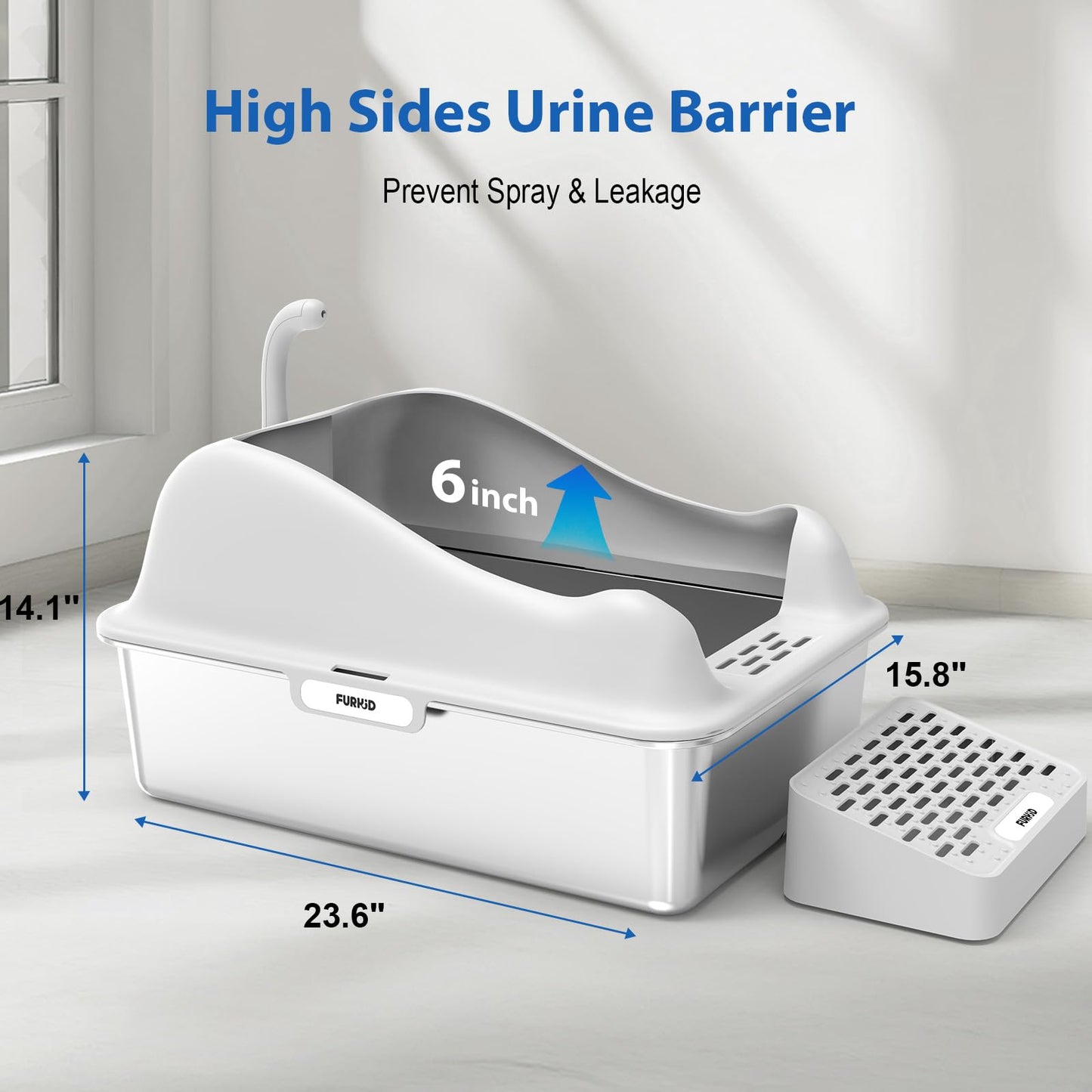 Furkid Stainless Steel Cat Litter Box with Lid, XL Extra Large Litter Box for Big Cats, High Sided Kitty Metal Pan with Pedal Filter and Scoop, Non-Sticky&Anti-Leakage Easy Cleaning Gray