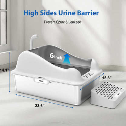 Furkid Stainless Steel Cat Litter Box with Lid, XL Extra Large Litter Box for Big Cats, High Sided Kitty Metal Pan with Pedal Filter and Scoop, Non-Sticky&Anti-Leakage Easy Cleaning Gray