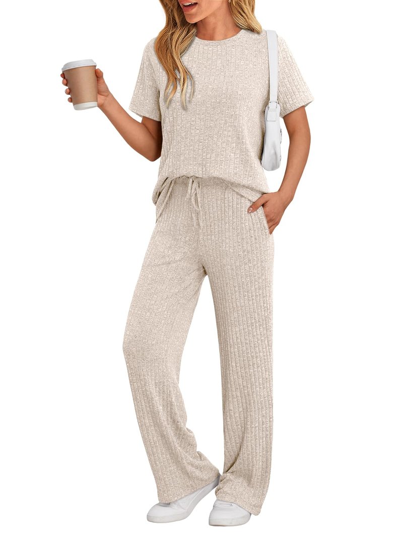 LILLUSORY 2 Piece Lounge Sets for Women Matching Summer Travel Outfits Spring Capsule Wardrobe Cruise Sets Cute Casual Pajamas Maternity 2026 Airport Clothes Apricot M