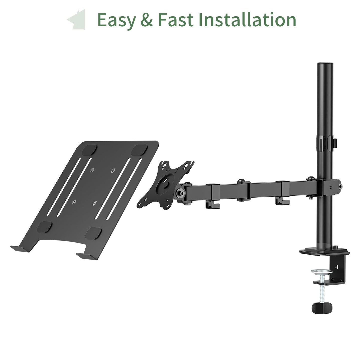 Laptop Desk Mount, Single Laptop Stand Arm with Vented Tray for 17 inch Notebook or 14”-32” Monitor, Holds up to 17.6 lbs, Fully Adjustable, Clamp/Grommet Mounting, VESA 75/100mm