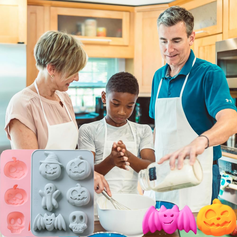 2 Pack Halloween Silicone Cake Mold Pumpkin Bat Skull Ghost Shape Silicone Mold for Chocolate Candy Gummy Jello Ice Cube Crayon Melt Biscuits, Soap Molds Silicone Baking Mold Making Kit for Kids