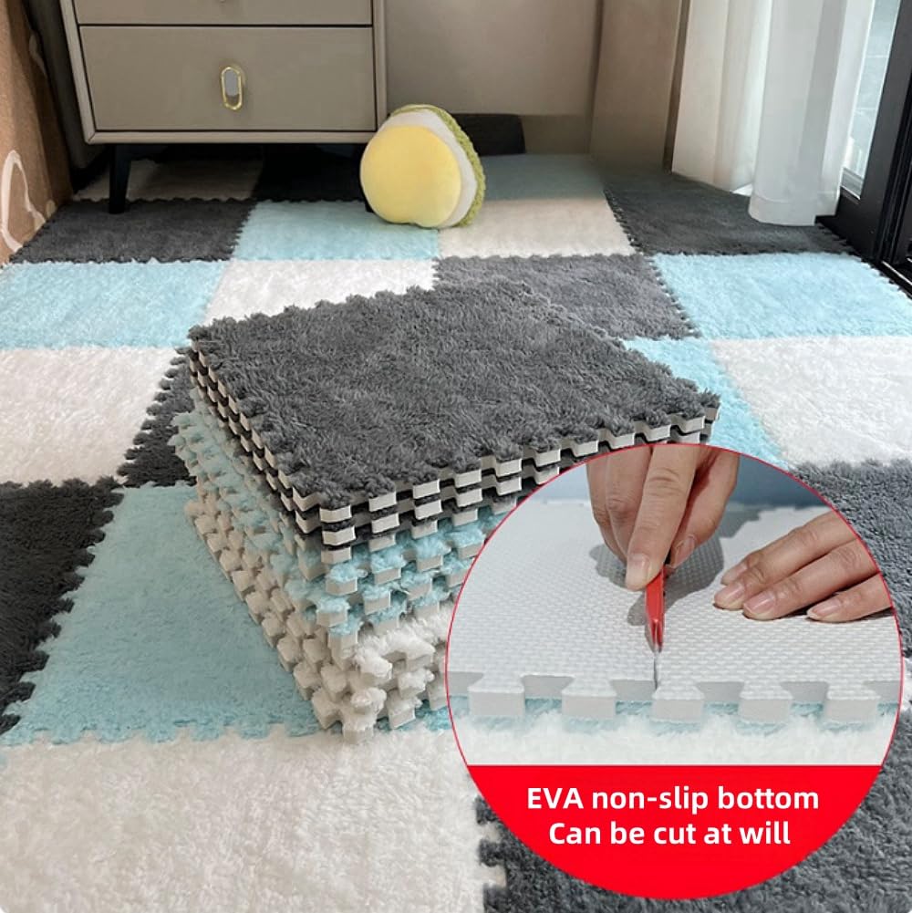 12pcs Carpet Squares Puzzle Floor Mat, Plush Interlocking Carpet Tiles, Anti Slip EVA Foam Jigsaw Floor Tiles, Build A Safe Area for Bedroom Playroom (Pink+White)