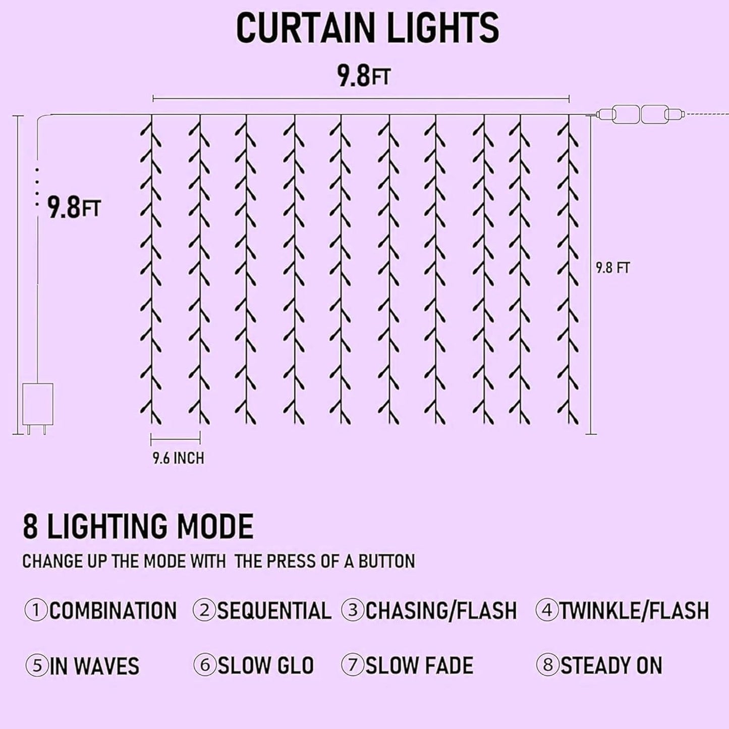 Dazzle Bright 300 LED Curtain String Lights, Halloween Fairy Lights for Bedroom with 8 Lighting Modes, Connectable Waterproof Window Light Party Wedding Garden Wall Decor, Purple