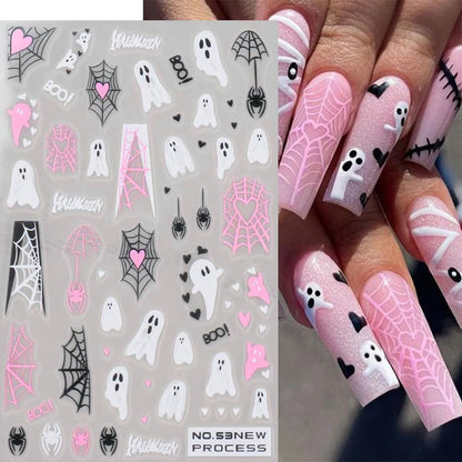 Halloween Nail Stickers, Halloween Nail Art Decals 3D Self-Adhesive Pink Ghost Skull Spider Pumpkin Nail Design DIY Holiday Nail Decoration for Party (6 Sheets)