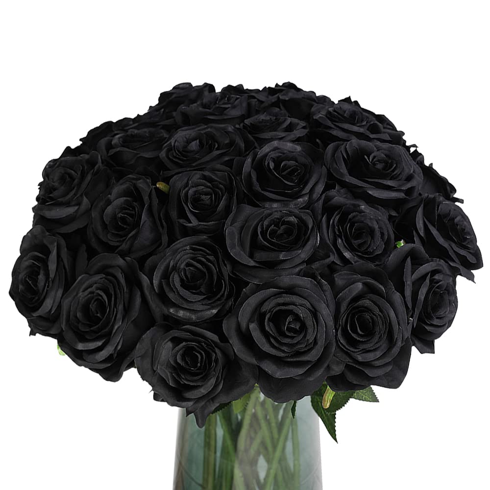 Veryhome Halloween Artificial Flowers Silk Black Roses Real Touch Bridal Wedding Bouquet for Home Garden Party Floral Decor 10 Pcs (Black)