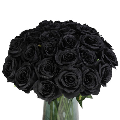 Veryhome Halloween Artificial Flowers Silk Black Roses Real Touch Bridal Wedding Bouquet for Home Garden Party Floral Decor 10 Pcs (Black)