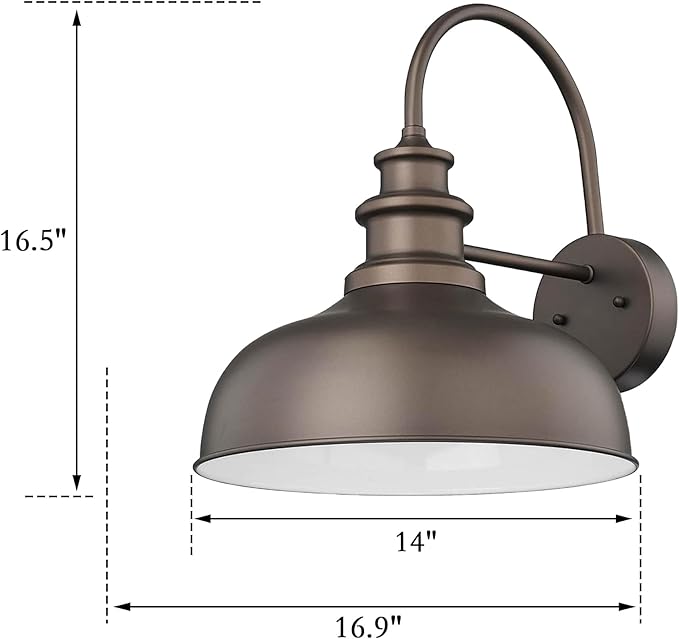 Bestshared Gooseneck Barn Light 14 Inch Dome Farmhouse Wall Sconce, Outside Wall Mount Light, Exterior Lighting Fixture, Front Door Porch Lantern Lamp for Entryway, Patio (ORB+White, 14” Dome-2Pack)