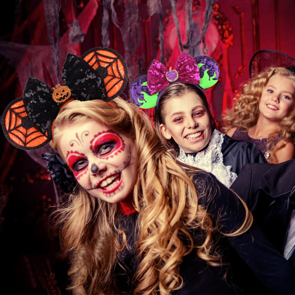 Tarocynn 4 PCS Halloween Mouse Ears Headbands Halloween Sequin Pumpkin Bows Ghost Headbands for Cosplay Party Favors