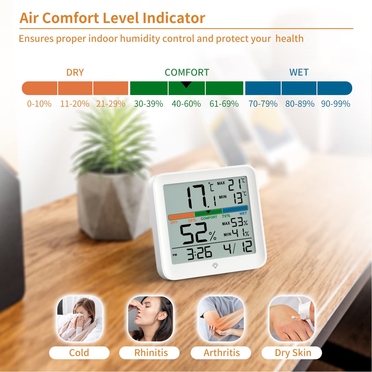 NOKLEAD Hygrometer Indoor Thermometer-Digital Room Humidity Gauge Accurate temperature Monitor Meter Max/Min Records, Touch LCD with Calibration Backlight Clock, Comfort Icon for Home Greenhouse