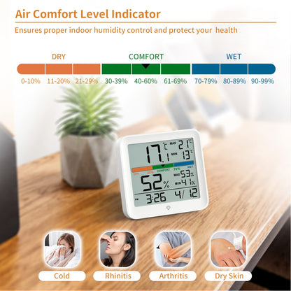 NOKLEAD Hygrometer Indoor Thermometer-Digital Room Humidity Gauge Accurate temperature Monitor Meter Max/Min Records, Touch LCD with Calibration Backlight Clock, Comfort Icon for Home Greenhouse