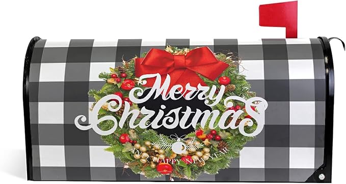 Kcldeci Merry Christmas Magnetic Mailbox Cover Buffalo Check Plaid Xmas Wreath Magnetic Mailbox Covers Post Box Cover Wraps for Garden Yard Decor Large Size 21" X 18"