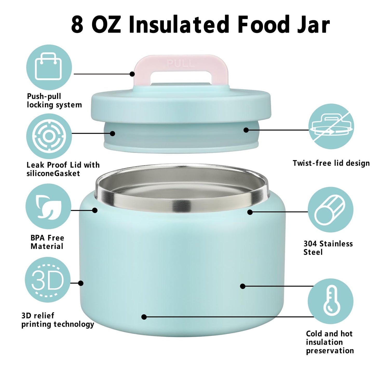 JXXM 8 Oz Thermo Food Jar for Hot & Cold Food for Kids, Insulated Lunch Containers Hot Food Jar,Leak-Proof Vacuum Stainless Steel Wide Mouth Lunch Soup Thermo for School (A-Ice Blue)