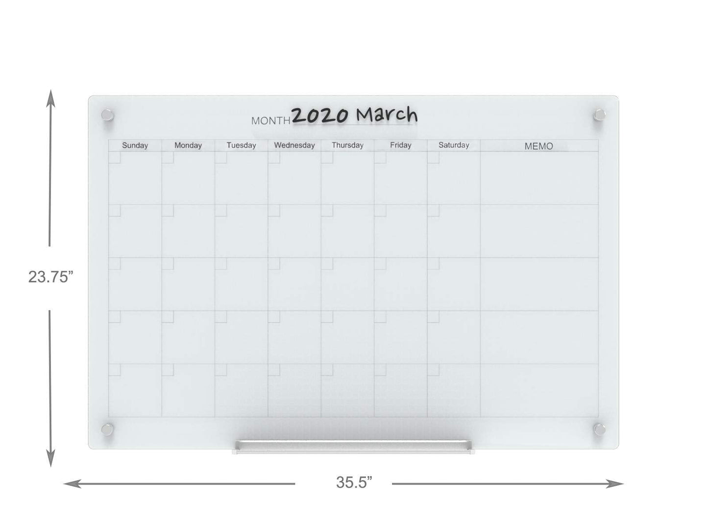 Audio-Visual Direct Magnetic Glass Dry Erase Board Set (3' x 2', Calendar White) for Wall - Monthly Planner