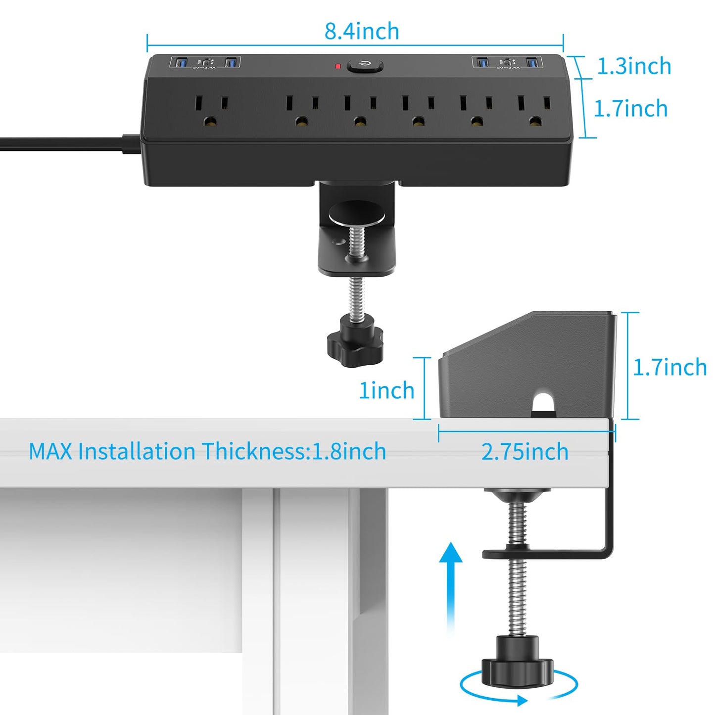 Desk Clamp Power Strip with 40W Fast Charging Station, JXGUCAT Removable Desk Clamp Mount Power Strip Surge Protector, 2 USB-C Ports, 6 AC Outlets and 10ft Cord, Fits 1.8" Tabletop Edge